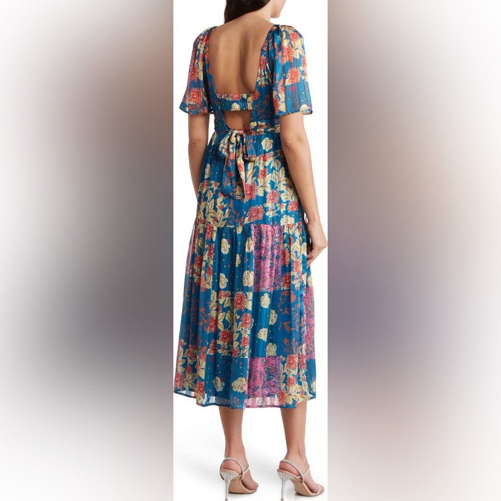 Adelyn Rae Blue Floral Patchwork Midi Dress, Large, wedding guest/ Mother’s Day - Picture 1 of 11